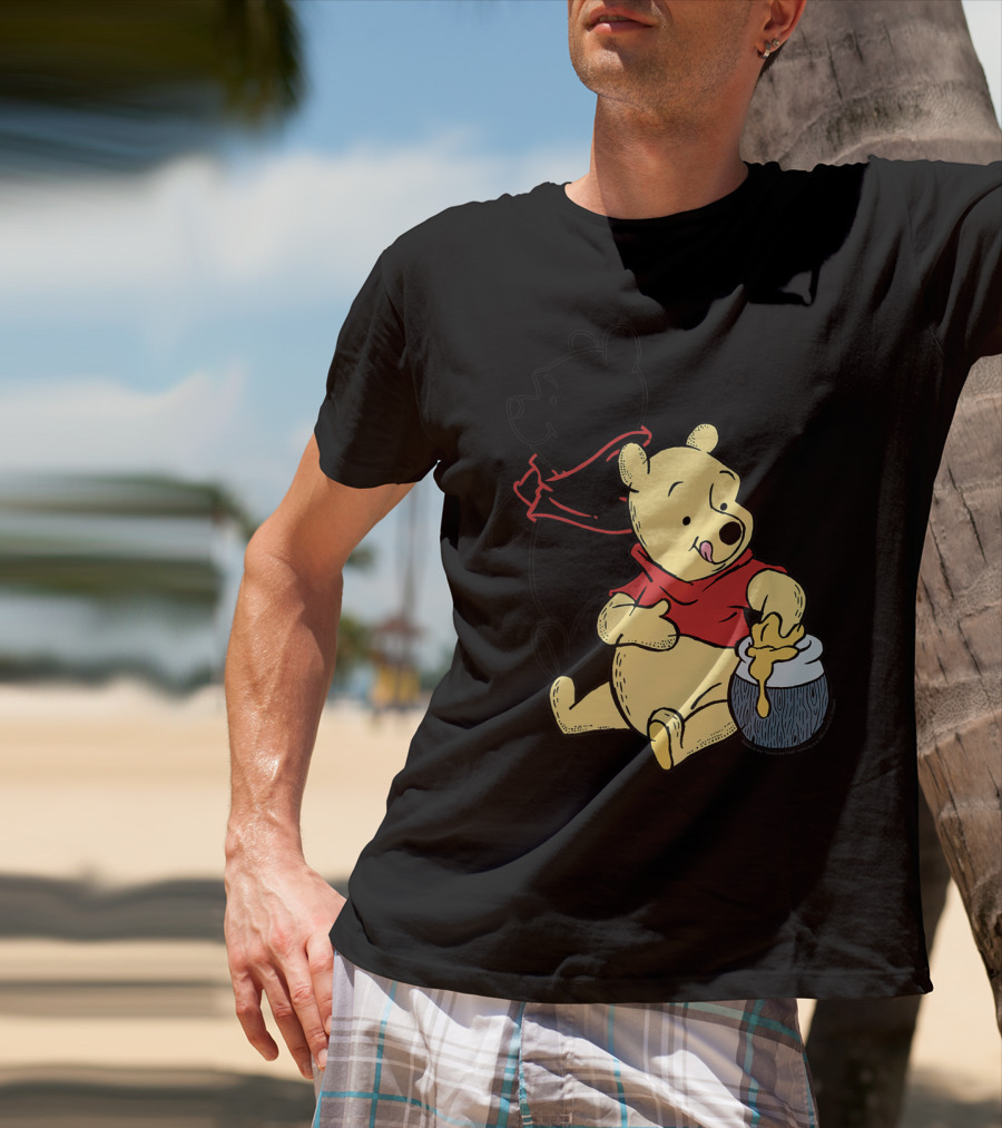 Disney Winnie The Pooh Outline And Colored Character Sitting With Honey Jar T-Shirt