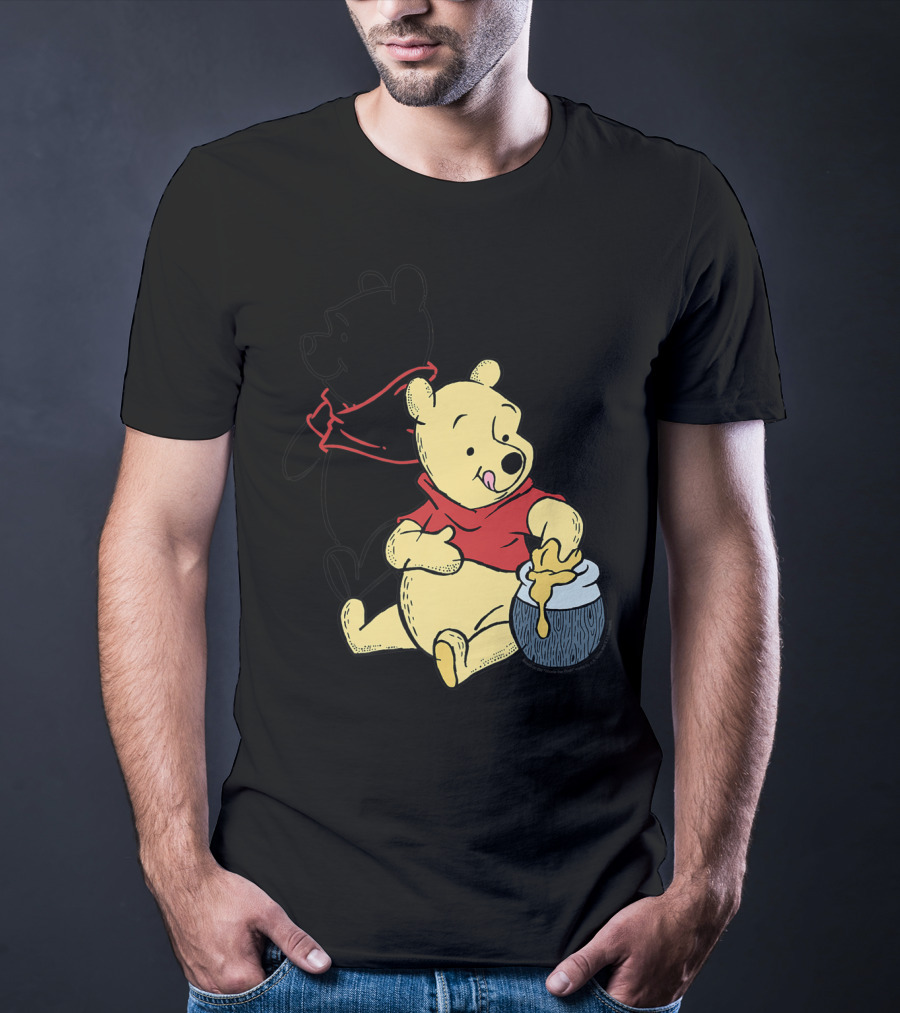 Disney Winnie The Pooh Outline And Colored Character Sitting With Honey Jar T-Shirt