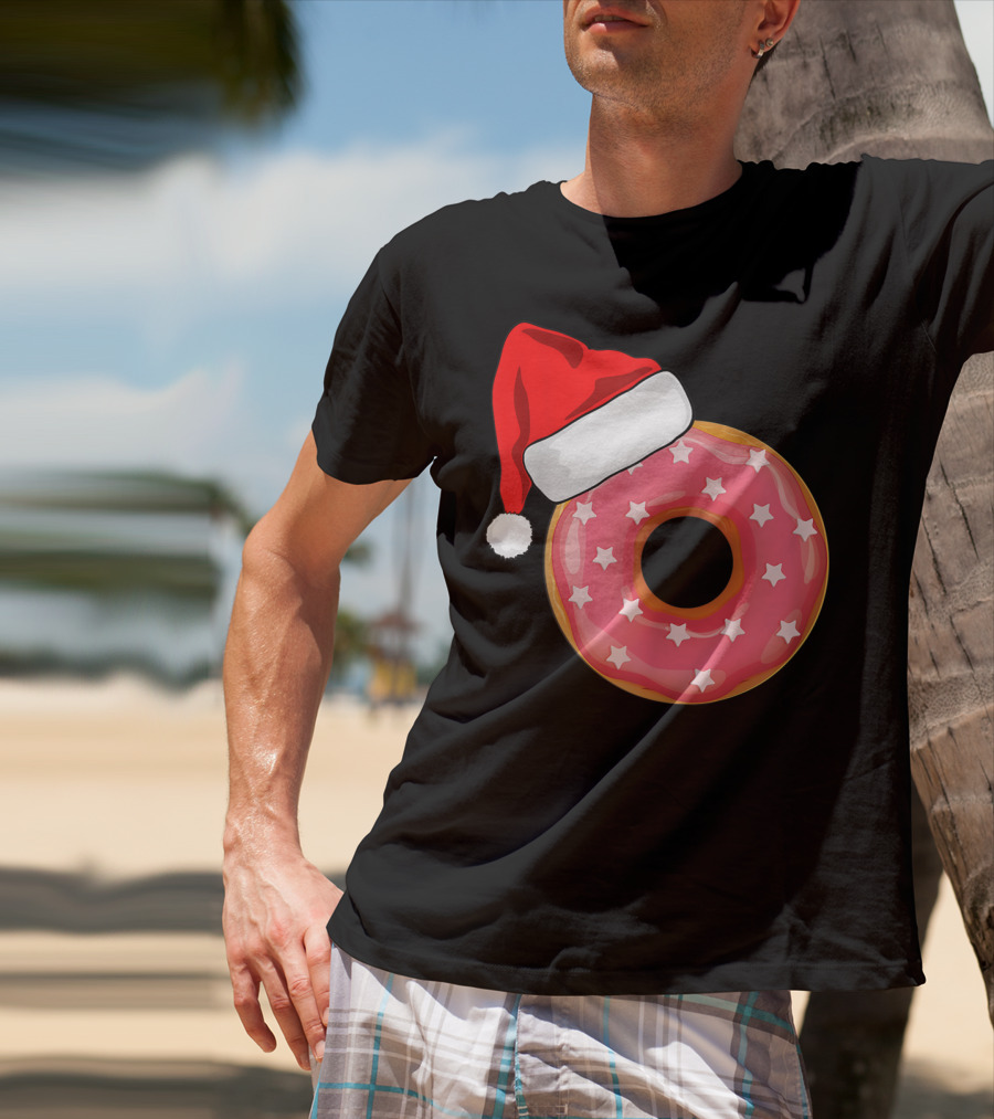 Santa Hat On Pink Strawberry Donut With Stars T-Shirt