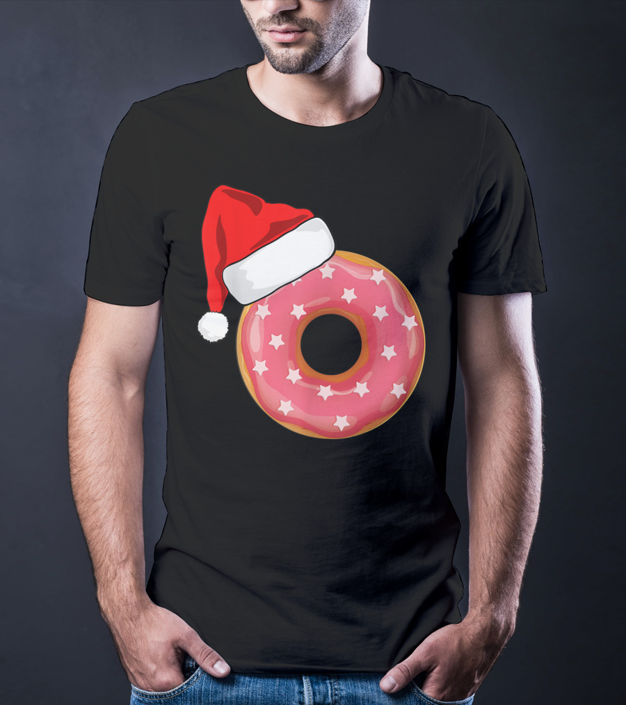 Santa Hat On Pink Strawberry Donut With Stars T-Shirt