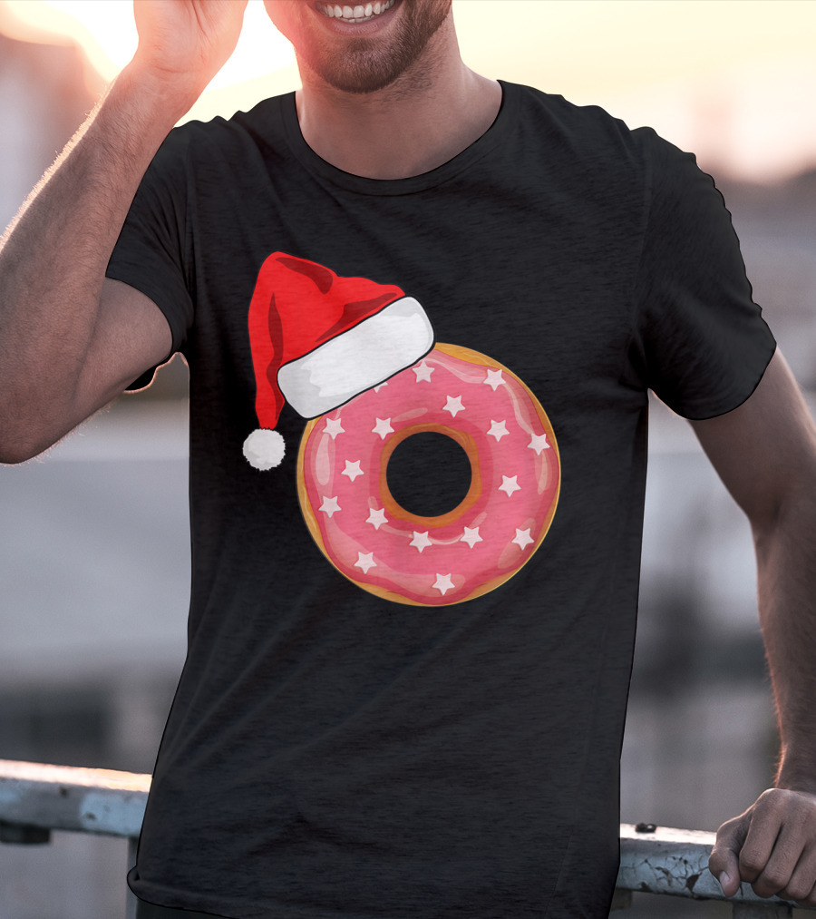 Santa Hat On Pink Strawberry Donut With Stars T-Shirt