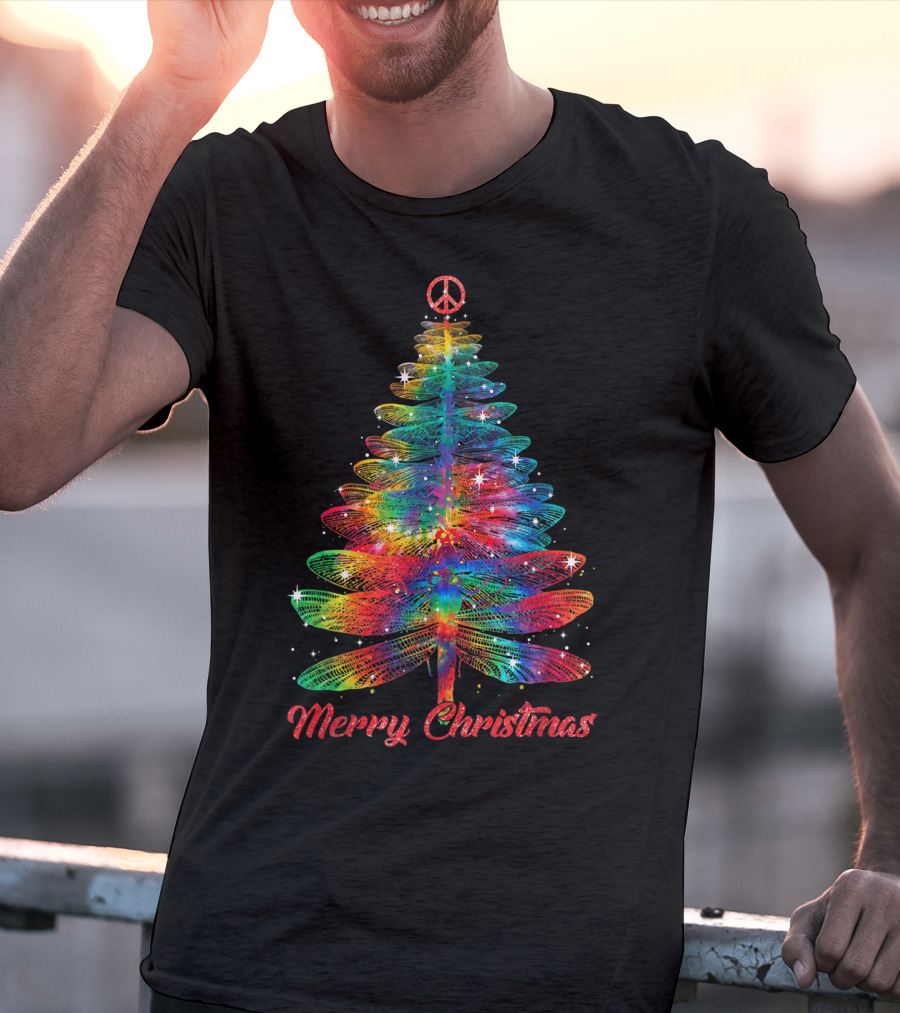 Merry Christmas Dragonfly Peace Sign Christmas Tree T-Shirt