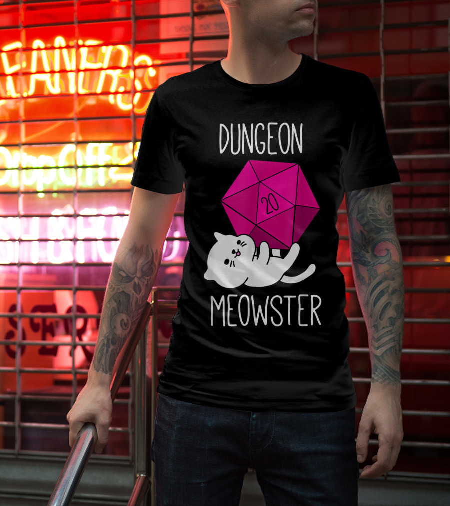 Dungeon Meowster Funny Nerdy Cat D20 Dice T-Shirt