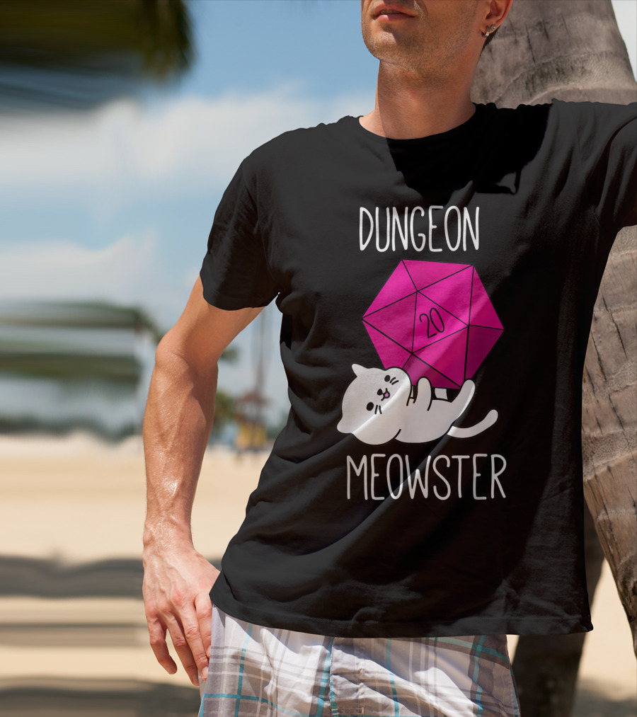 Dungeon Meowster Funny Nerdy Cat D20 Dice T-Shirt