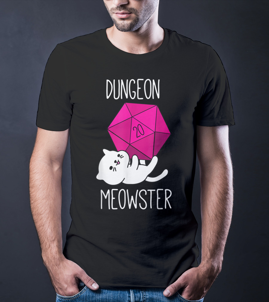 Dungeon Meowster Funny Nerdy Cat D20 Dice T-Shirt