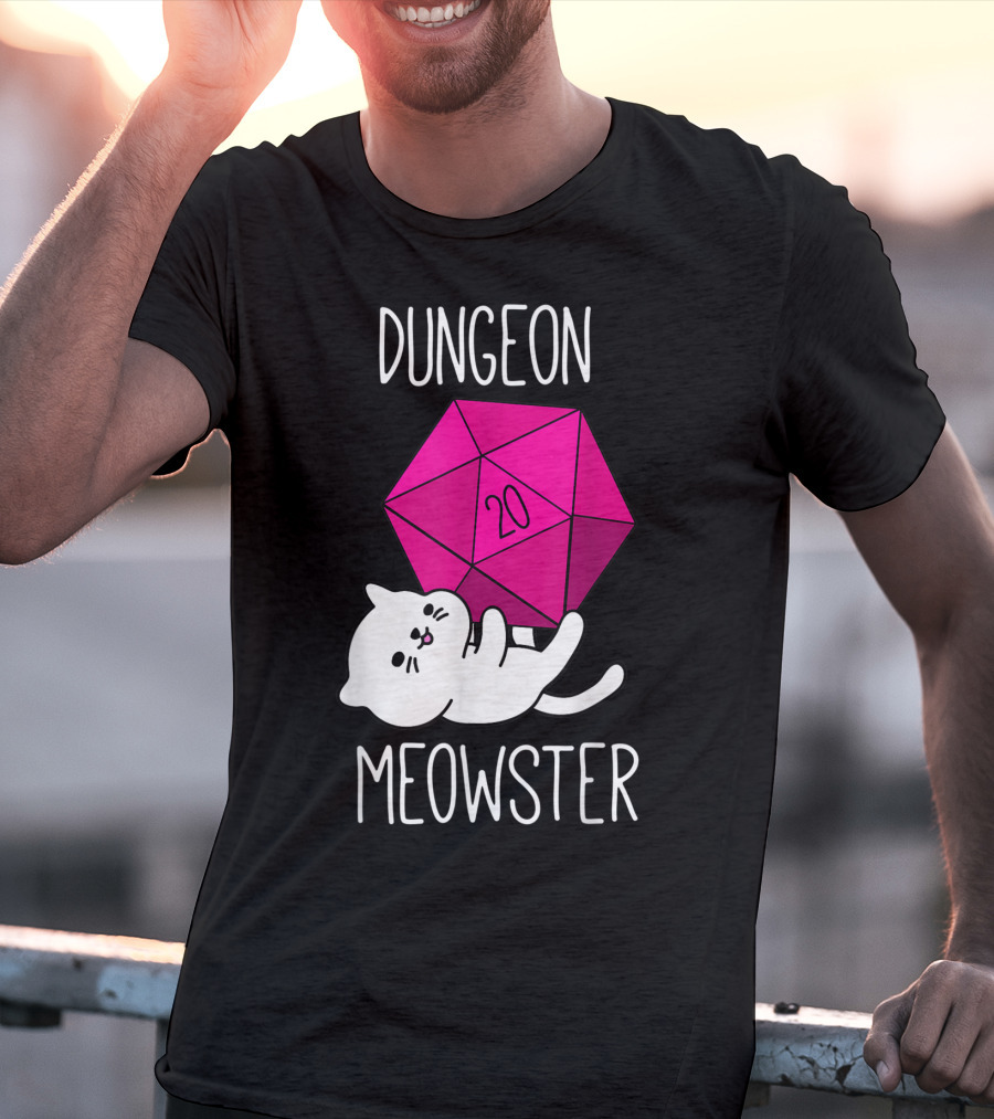 Dungeon Meowster Funny Nerdy Cat D20 Dice T-Shirt