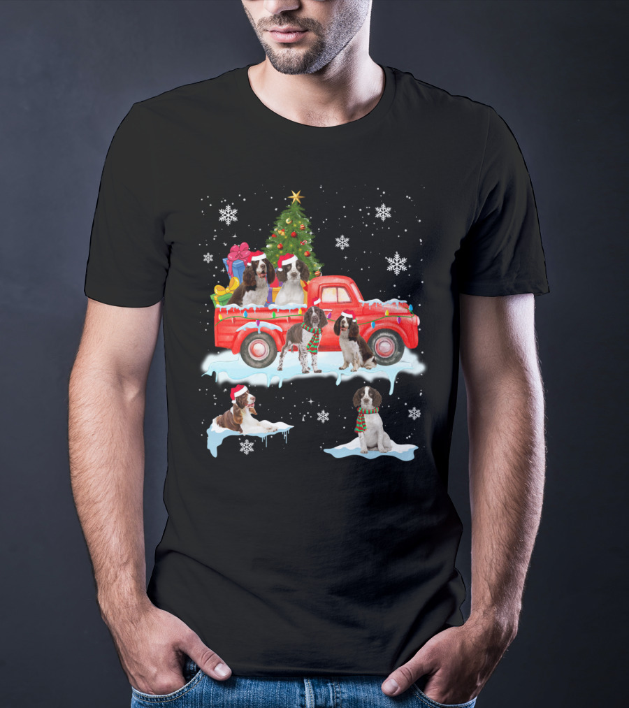 English Springer Spaniel Christmas Scene With Santa Hats On Red Truck And Snowflakes T-Shirt