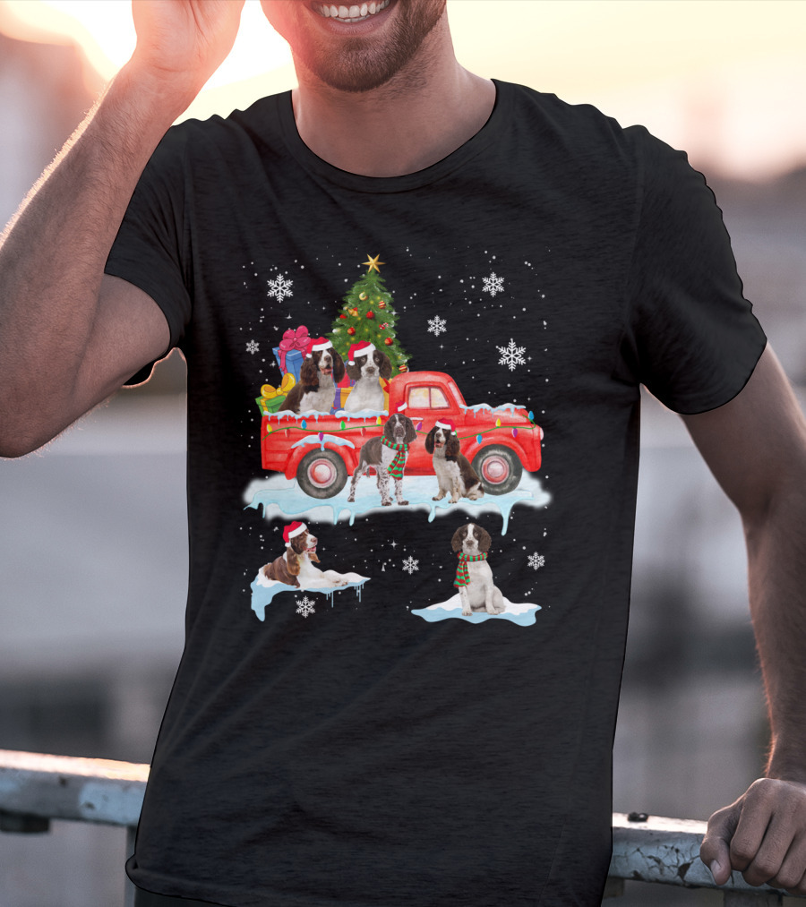 English Springer Spaniel Christmas Scene With Santa Hats On Red Truck And Snowflakes T-Shirt