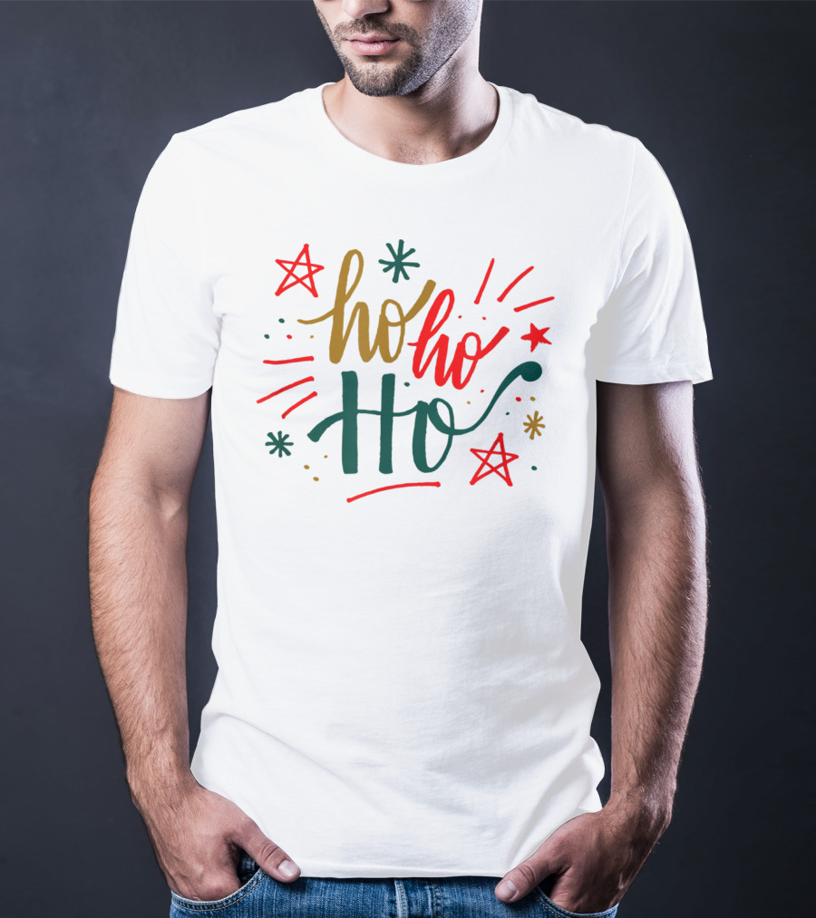 Festive Bright Red And Green Christmas Ho Ho Ho Stars T-Shirt