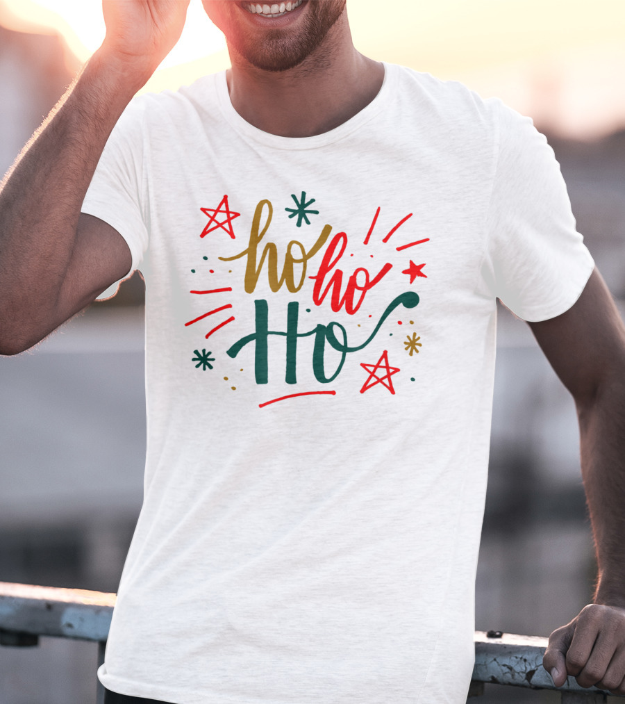 Festive Bright Red And Green Christmas Ho Ho Ho Stars T-Shirt