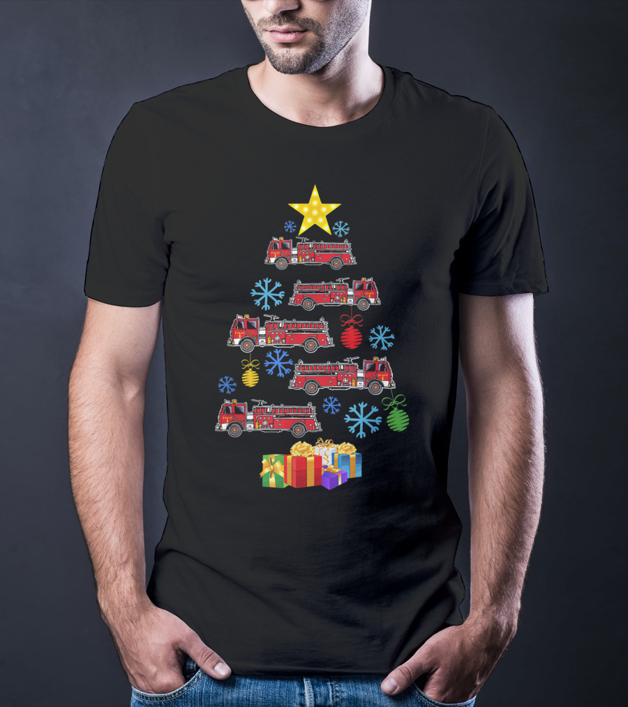Firetruck Christmas Tree Xmas Firefighter Gifts Snowflakes Star T-Shirt