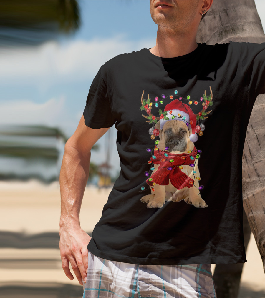 Festive Bull Mastiff Reindeer Lights Christmas Dog T-Shirt