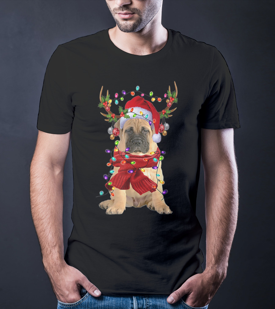 Festive Bull Mastiff Reindeer Lights Christmas Dog T-Shirt