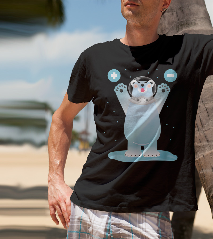Funny Polar Bear In Space Helmet With Plus And Minus Chemistry Symbols T-Shirt
