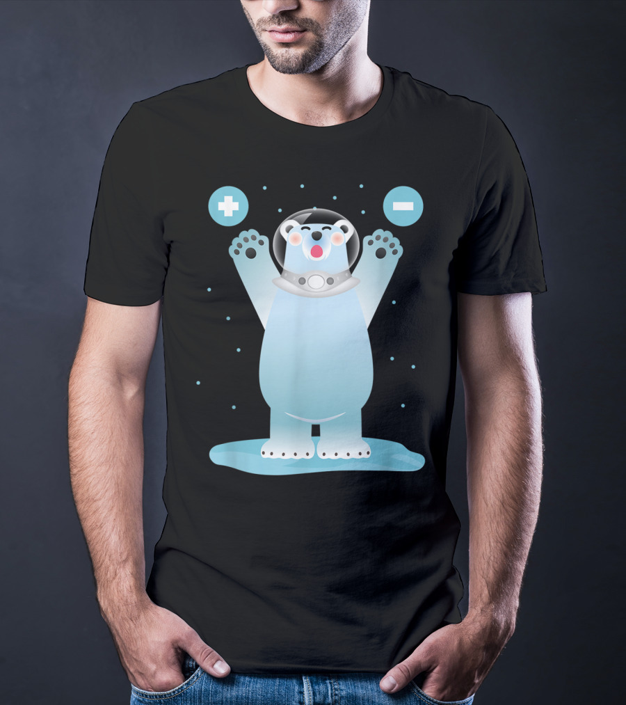 Funny Polar Bear In Space Helmet With Plus And Minus Chemistry Symbols T-Shirt