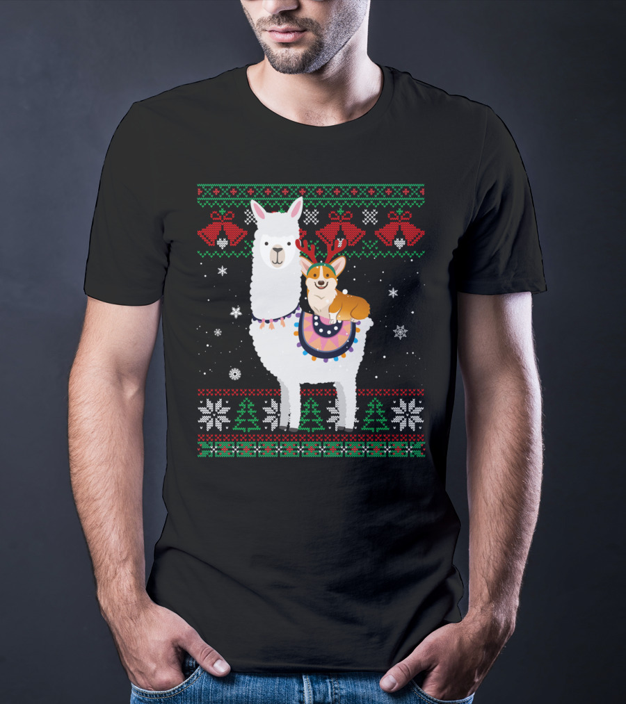 Christmas Corgi Riding Llama With Snowflakes And Reindeer Antlers T-Shirt