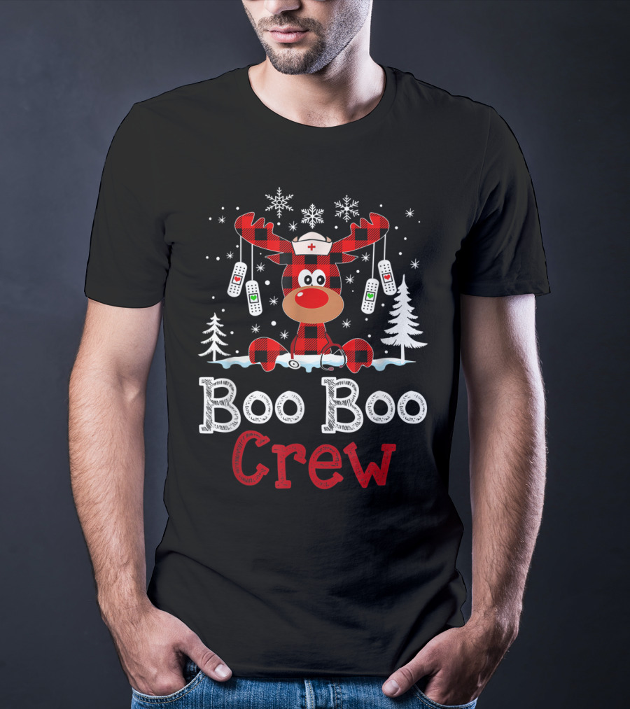 Boo Boo Crew Funny Cute Reindeer Buffalo Plaid T-Shirt
