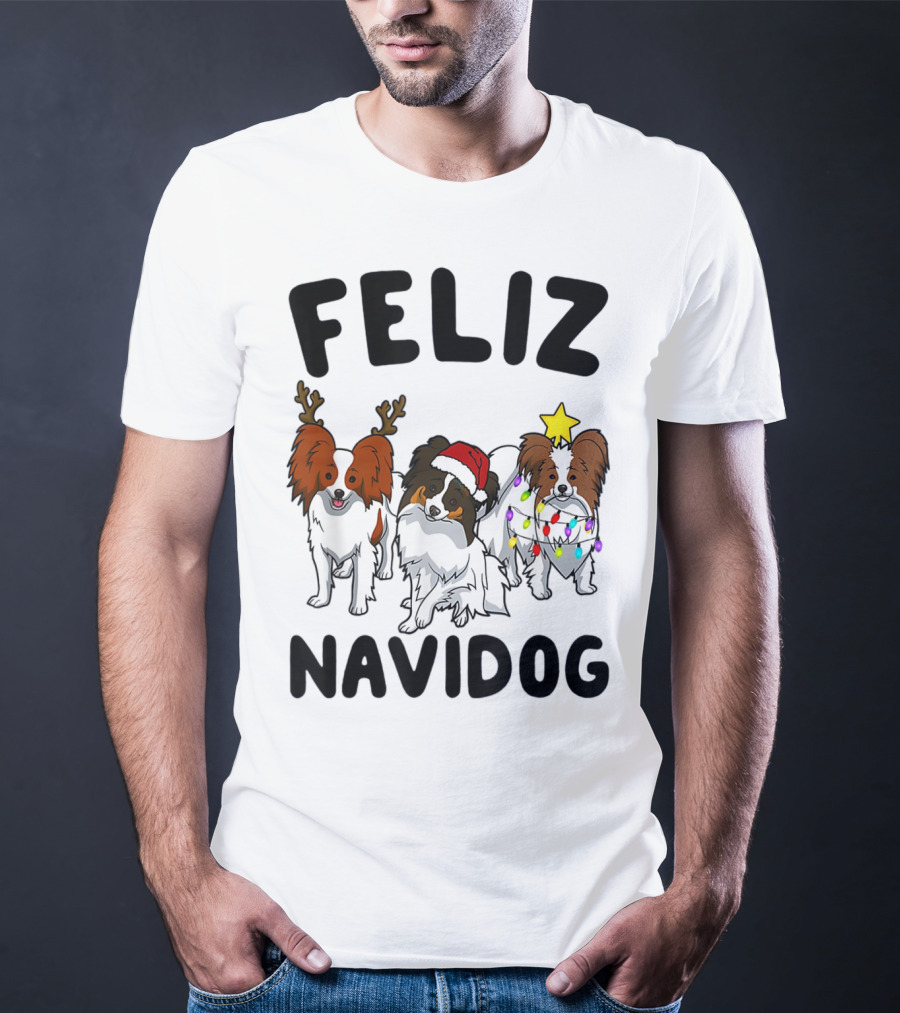 Feliz Navidog Funny Papillon Reindeer Santa Hat Christmas Lights T-Shirt