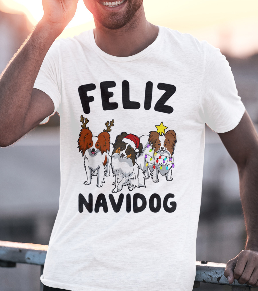 Feliz Navidog Funny Papillon Reindeer Santa Hat Christmas Lights T-Shirt