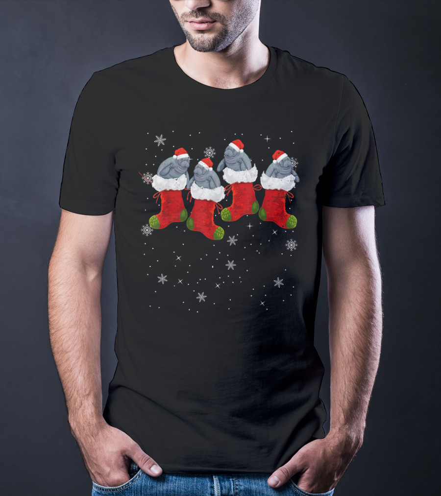 Santa Hat Manatees In Christmas Stockings With Snowflakes T-Shirt
