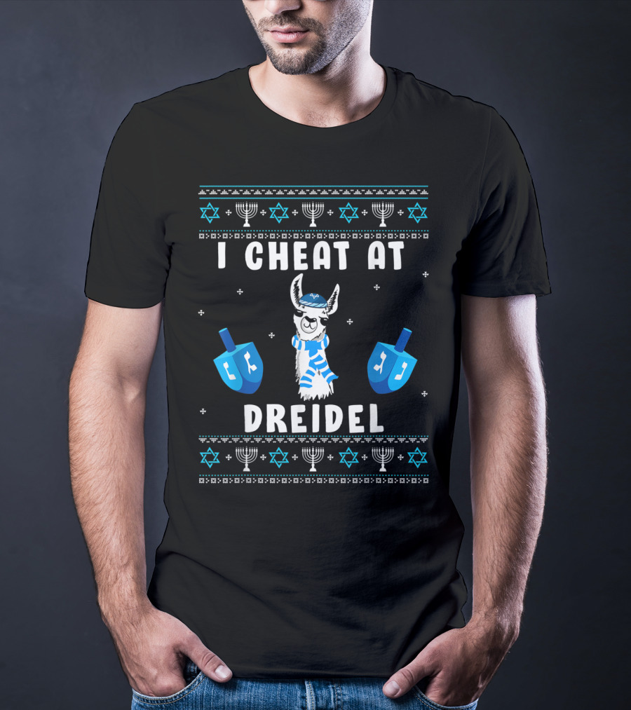 I Cheat At Dreidel Funny Ugly Hanukkah Chanukah Llama Menorah Stars Of David T-Shirt