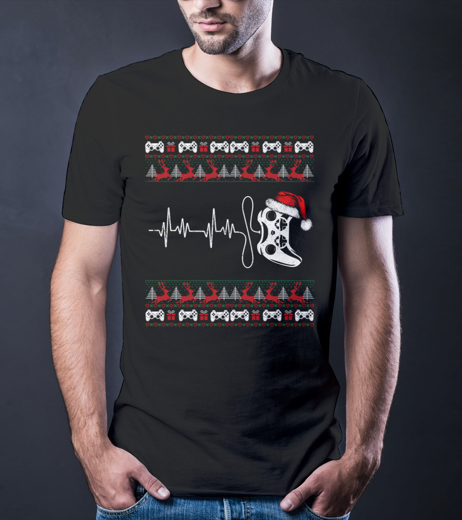 Gamer Heartbeat Christmas Controller Santa Hat Trees Reindeer T-Shirt