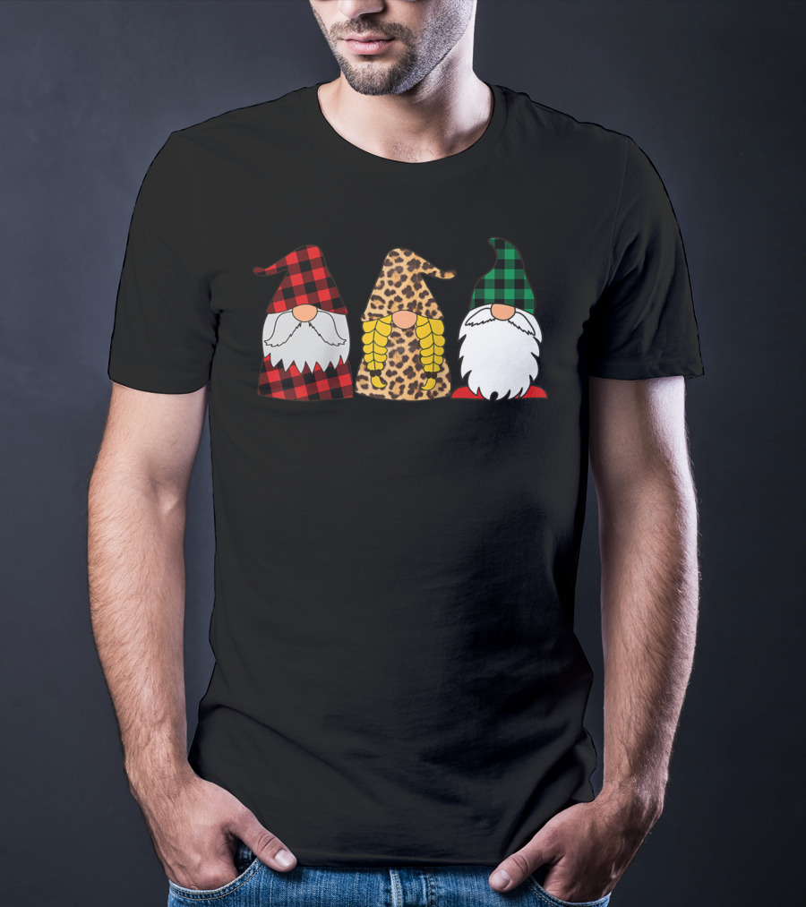 Gnomes Red Plaid Leopard Print Green Plaid T-Shirt
