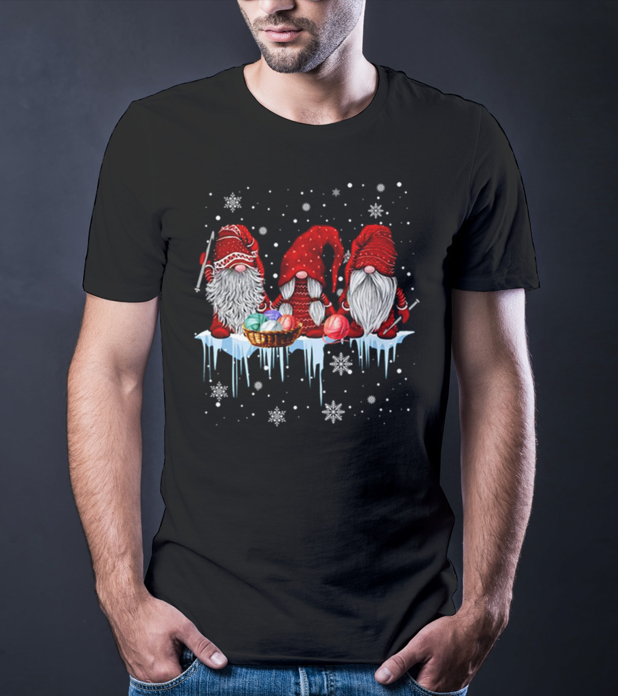 Hanging With Red Gnomies Crochet Funny Gnome Snowflakes And Yarn On Ice T-Shirt