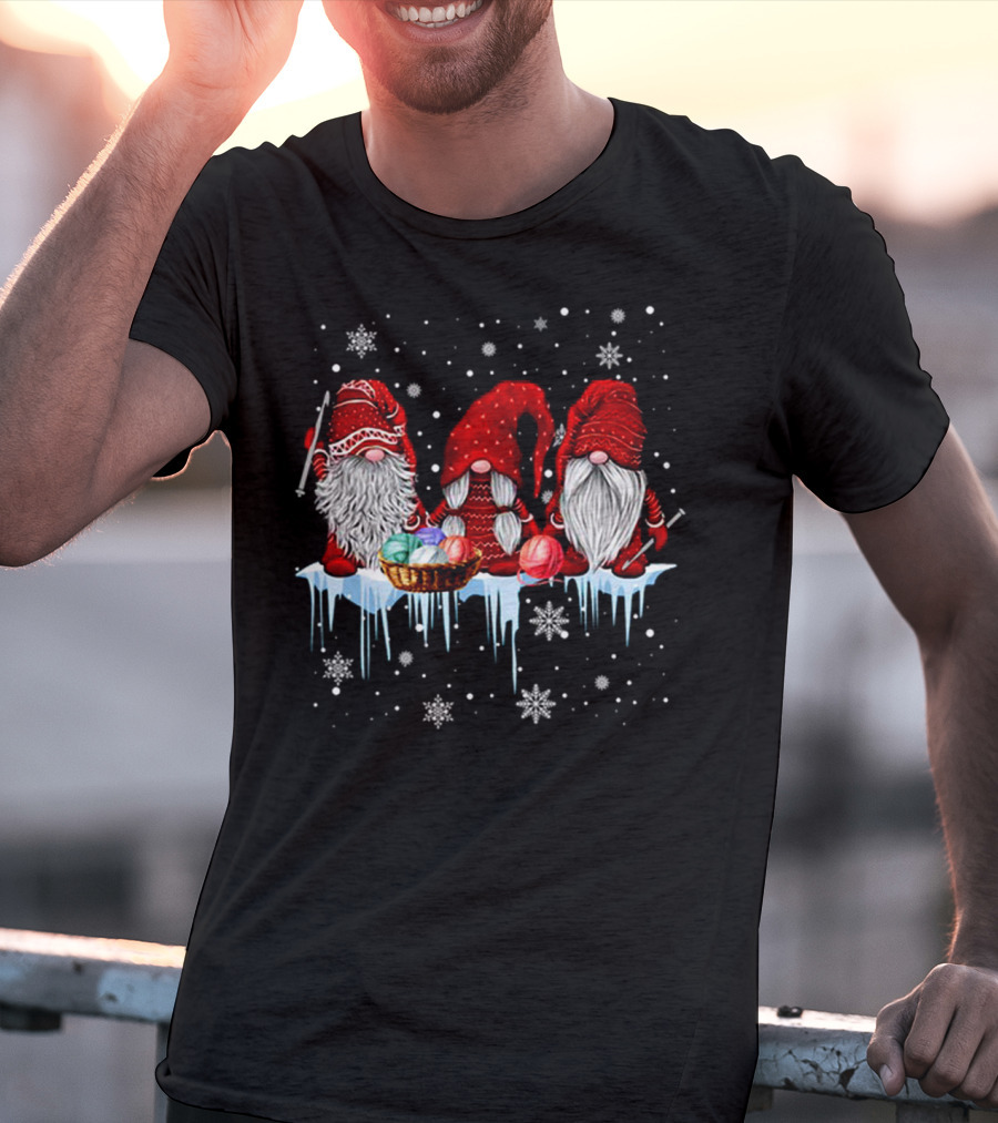 Hanging With Red Gnomies Crochet Funny Gnome Snowflakes And Yarn On Ice T-Shirt