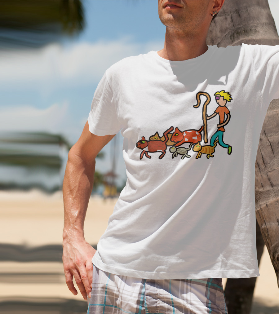 Herding Cats Cartoon Shepherd With Colorful Cats Scene T-Shirt