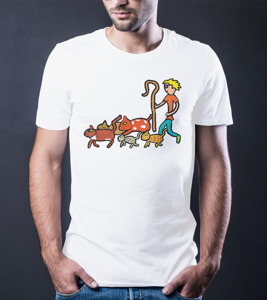 Herding Cats Cartoon Shepherd With Colorful Cats Scene T-Shirt