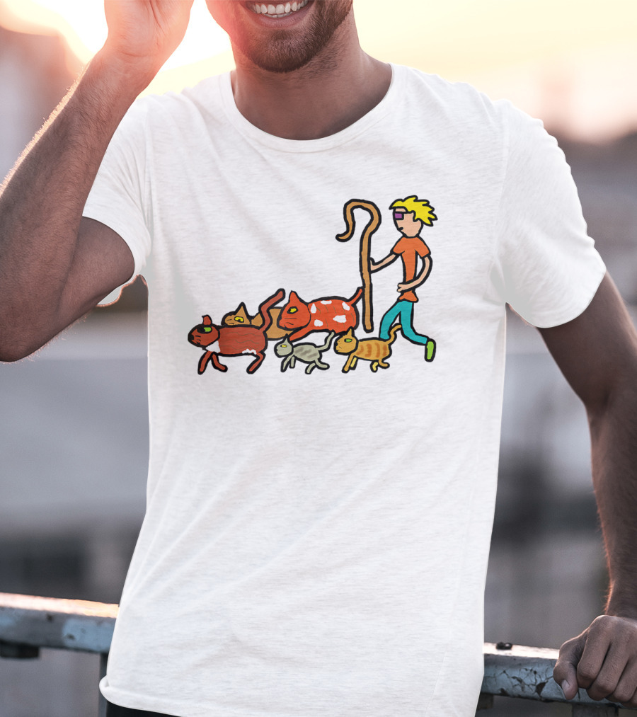 Herding Cats Cartoon Shepherd With Colorful Cats Scene T-Shirt