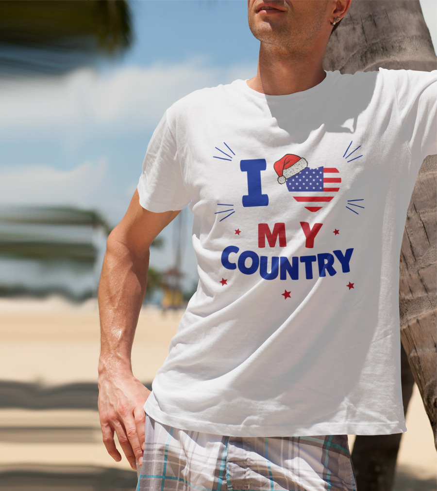 I Love My Country Heart Flag Santa Hat Patriotic Merry Christmas T-Shirt