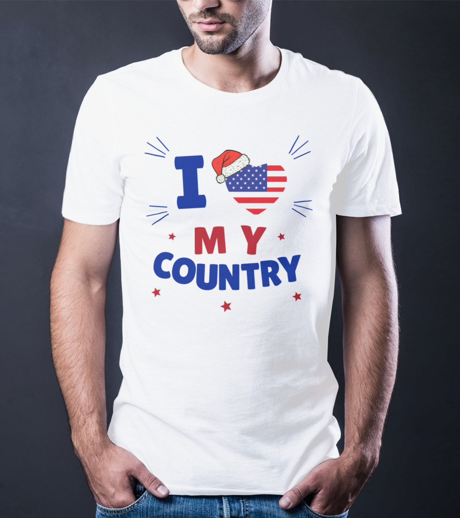 I Love My Country Heart Flag Santa Hat Patriotic Merry Christmas T-Shirt
