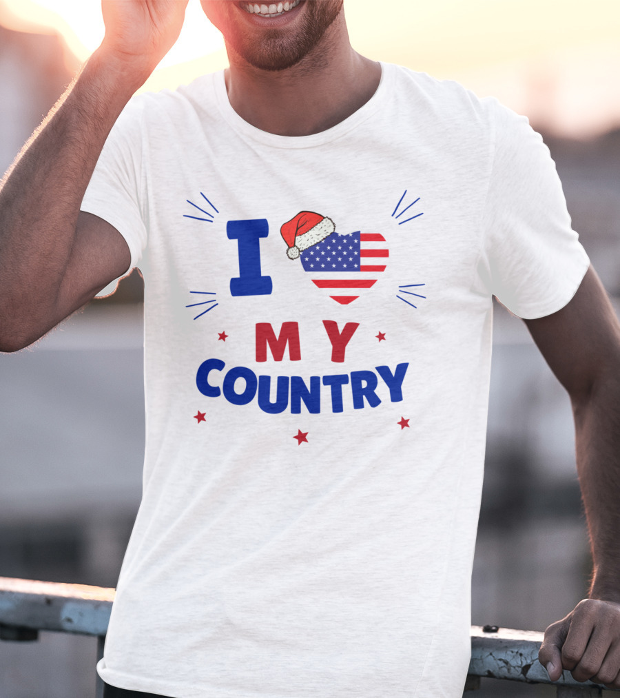 I Love My Country Heart Flag Santa Hat Patriotic Merry Christmas T-Shirt