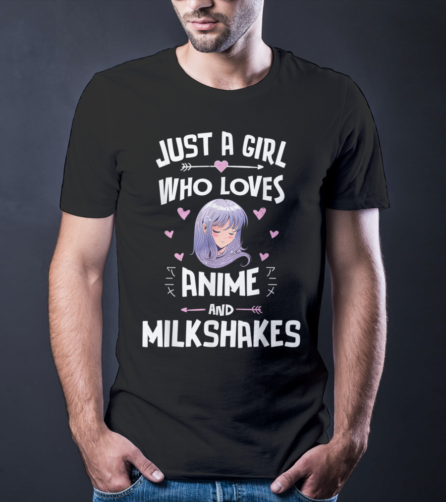 Just A Girl Who Loves Anime And Milkshakes With Purple Hair And Hearts T-Shirt