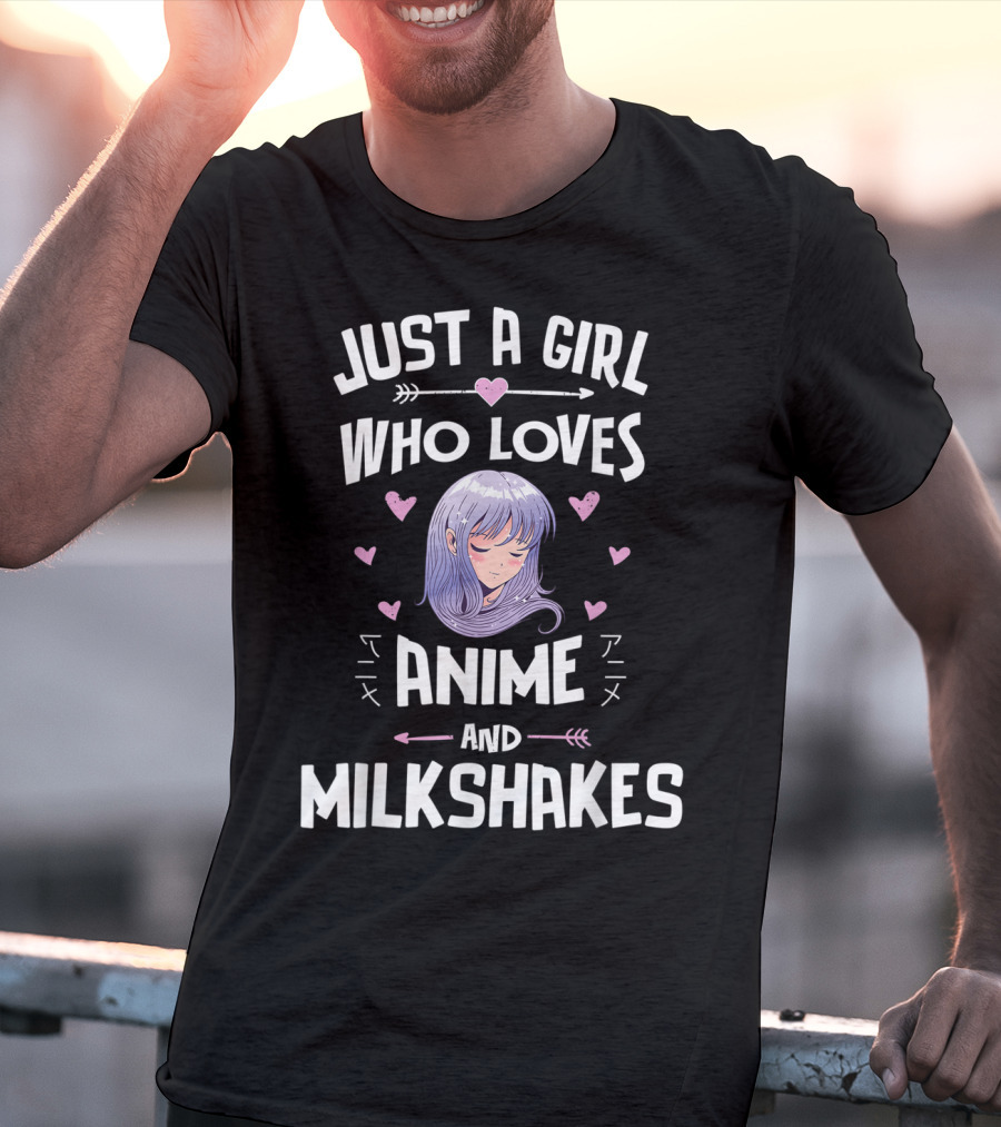 Just A Girl Who Loves Anime And Milkshakes With Purple Hair And Hearts T-Shirt
