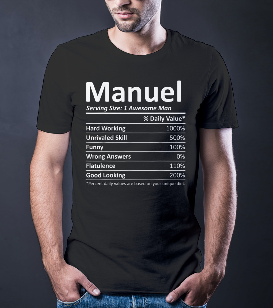 Manuel Nutrition Facts Serving Size 1 Awesome Man Hard Working Unrivaled Skill Funny Good Looking Flatulence T-Shirt