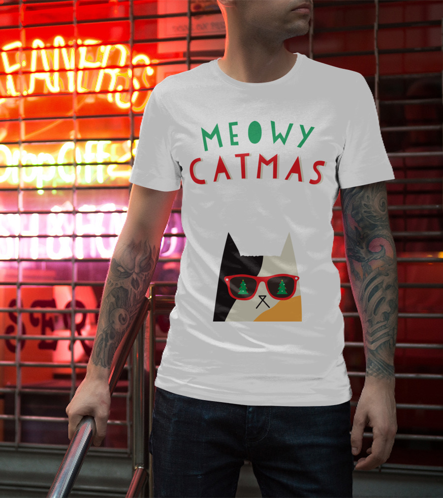 Meowy Catmas Christmas Calico Cat With Sunglasses And Trees T-Shirt