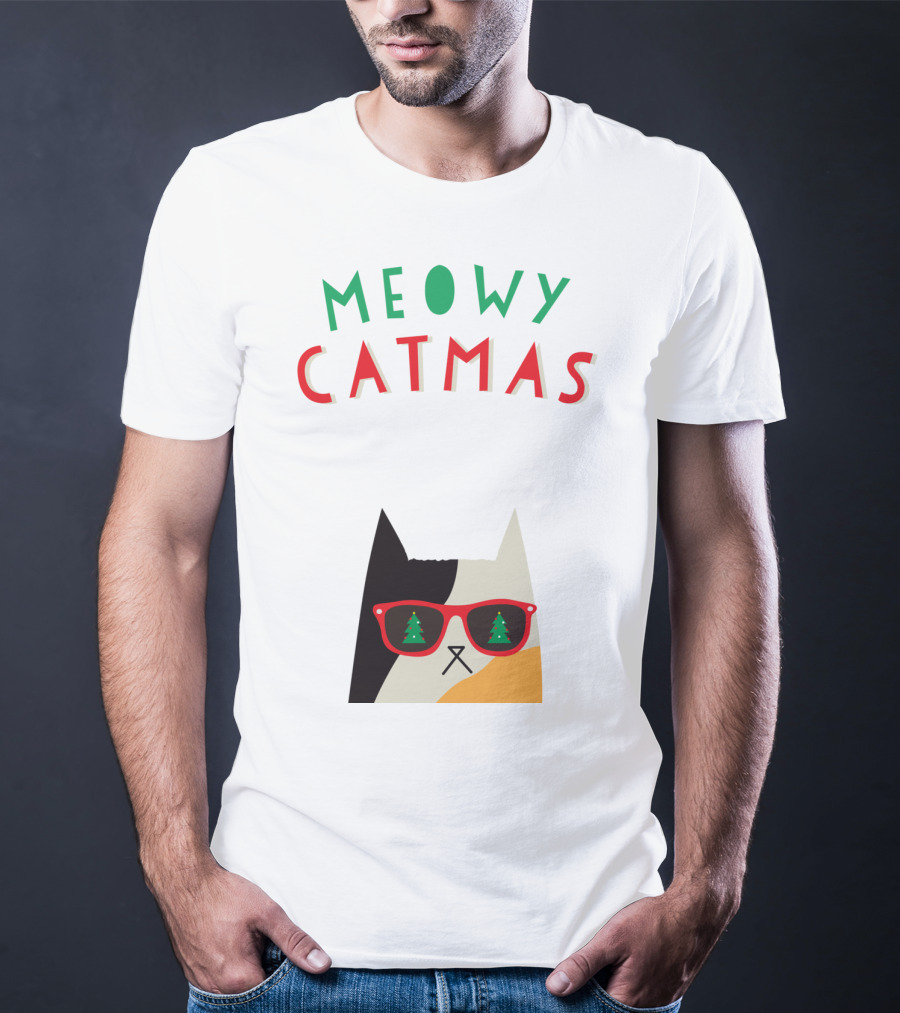 Meowy Catmas Christmas Calico Cat With Sunglasses And Trees T-Shirt