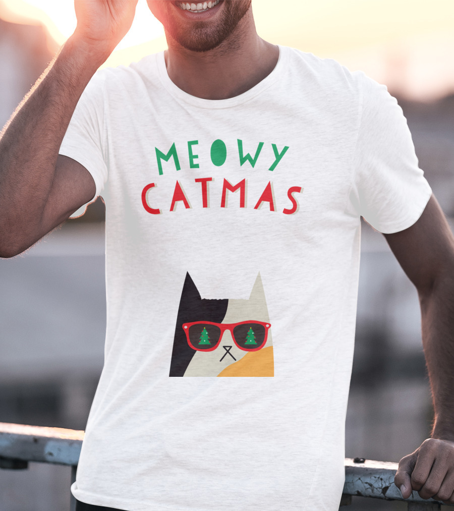 Meowy Catmas Christmas Calico Cat With Sunglasses And Trees T-Shirt