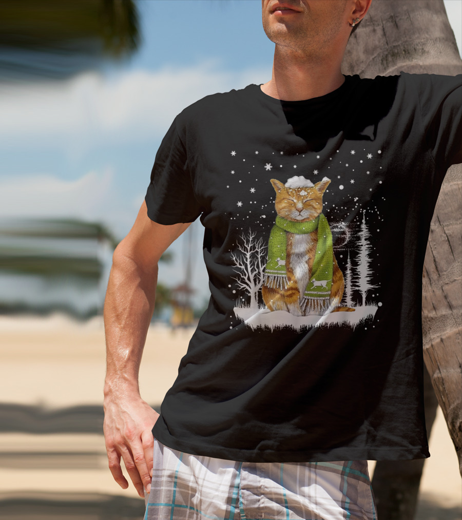 Meowy Xmas Christmas Cats In Snow With Green Scarf And Reindeer T-Shirt