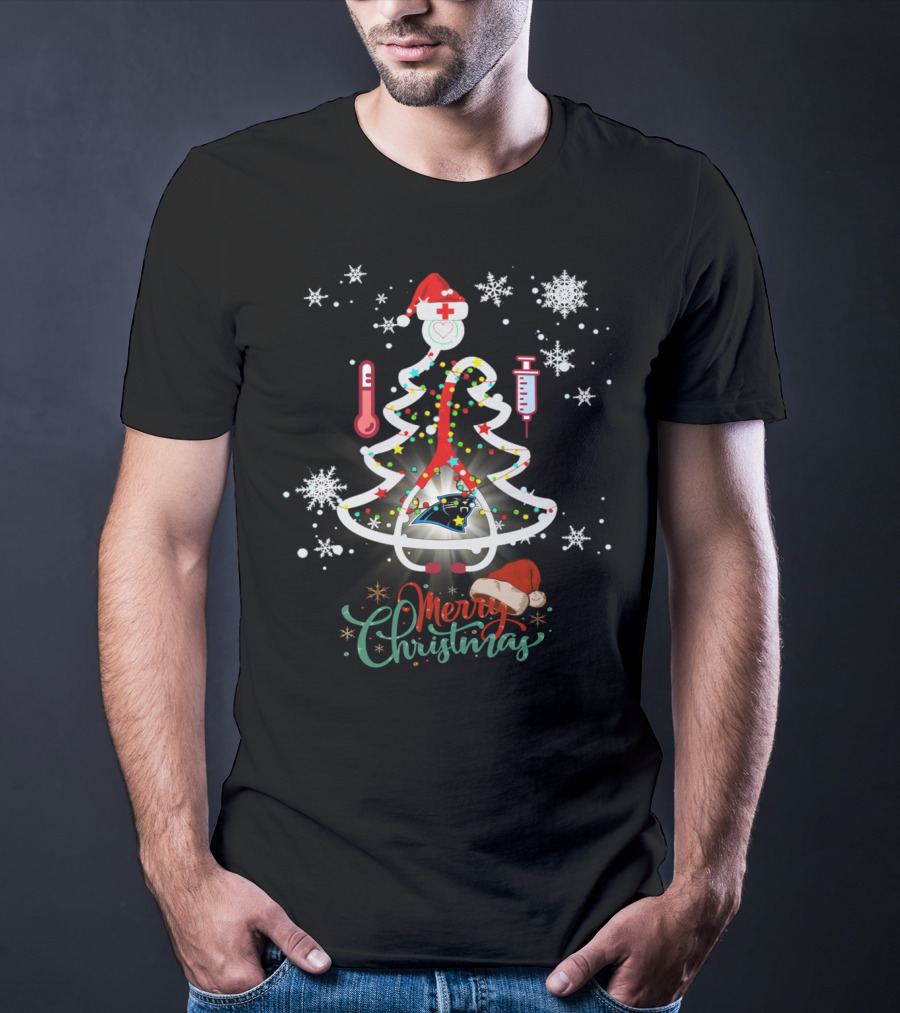 Merry Christmas Carolina Panthers Nurse Football Tree T-Shirt