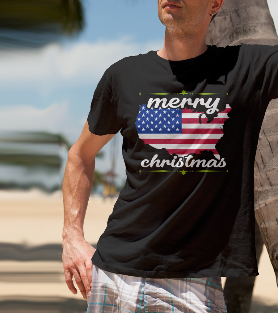 Merry Christmas USA Flag Map T-Shirt