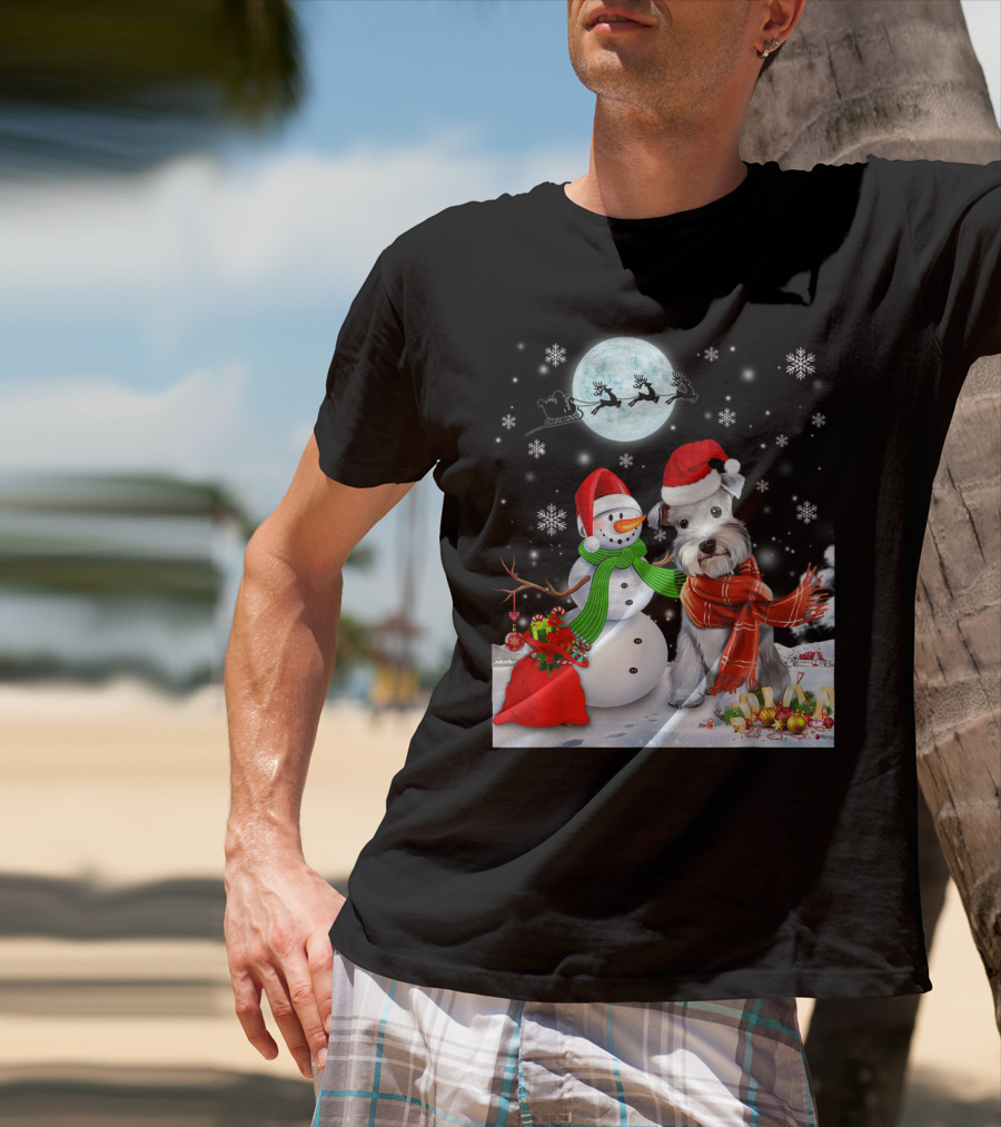 Miniature Schnauzer Santa Snowman Christmas Moon Snowflakes T-Shirt