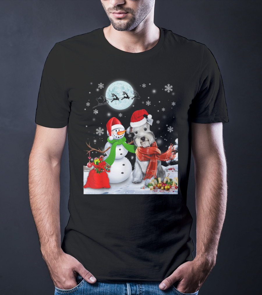 Miniature Schnauzer Santa Snowman Christmas Moon Snowflakes T-Shirt