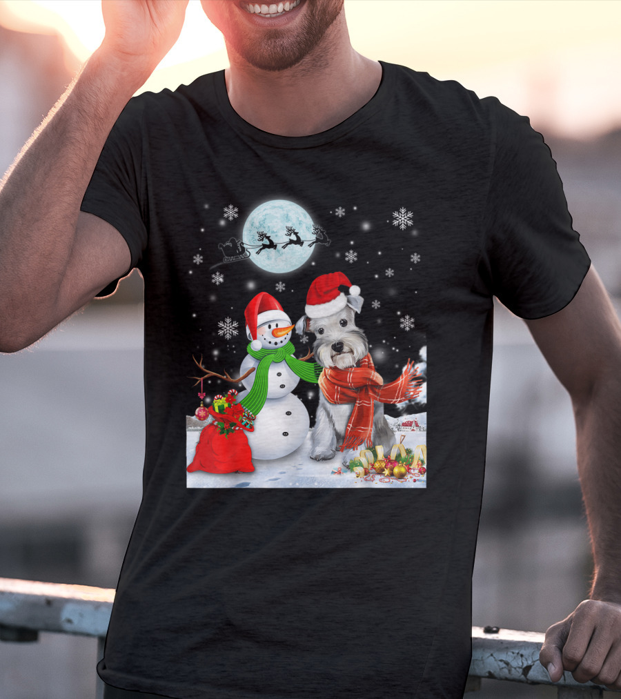 Miniature Schnauzer Santa Snowman Christmas Moon Snowflakes T-Shirt
