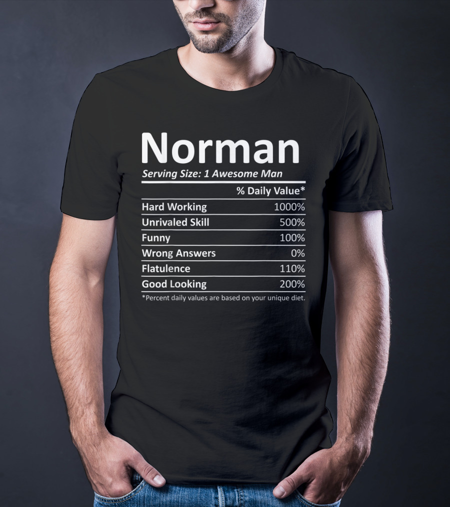 Norman Serving Size 1 Awesome Man Hard Working Unrivaled Skill Funny Zero Wrong Answers Flatulence Good Looking T-Shirt