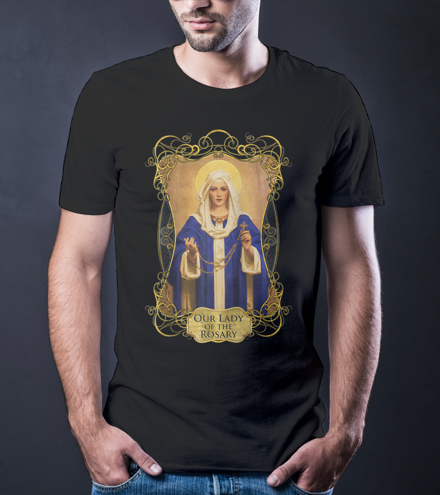 Our Lady Of The Rosary Catholic Prayer Blessed Virgin Mary Icon With Rosary Beads And Cross T-Shirt
