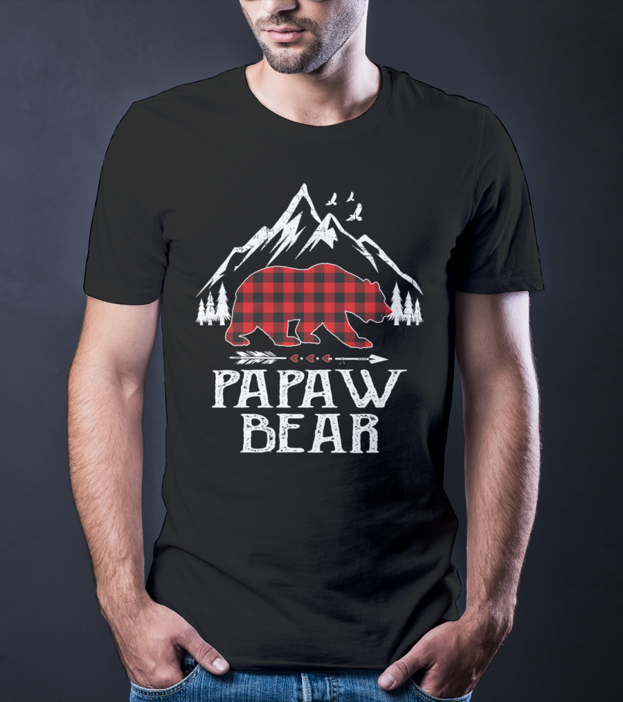 Papaw Bear Christmas Red Plaid Buffalo Mountain Scene T-Shirt